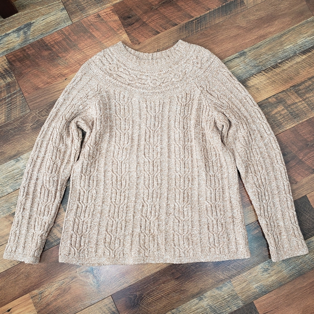 Liz Claiborne Cotton & Wool Blend Oatmeal Tan Crewneck Cable Knit Sweater, Large